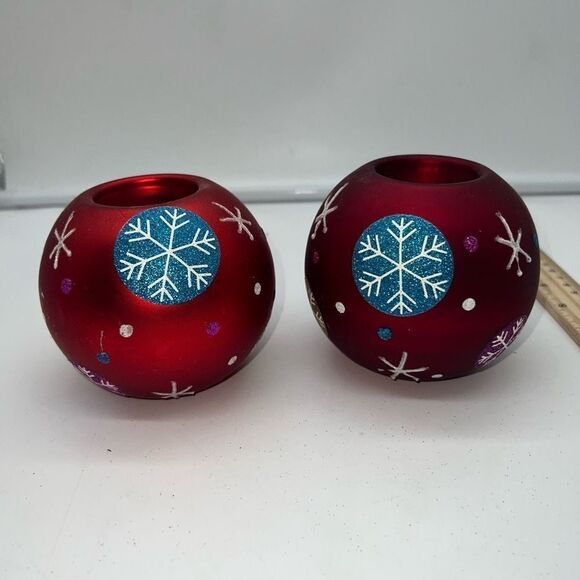 Pair of Hand Painted Sparkle Red Ball Tea Light Holders - Picture 1 of 7